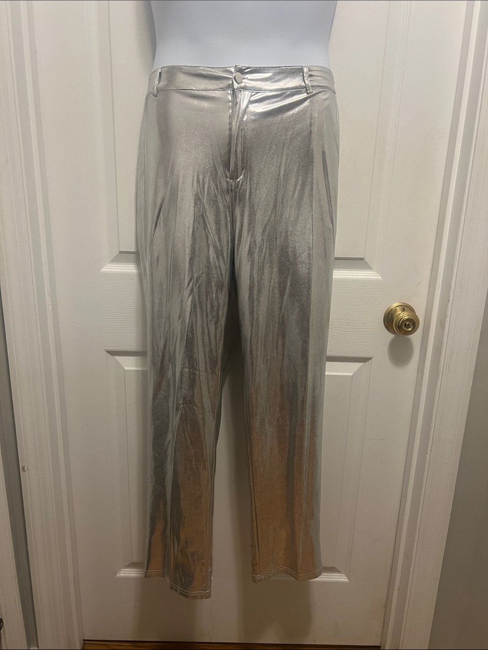 Metallic Silver High-Shine Wide Leg Pants